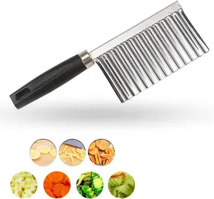 Crinkle Cutter Knife Stainless Steel Cutting Tool for Potato Carrot Chip Vegetable French Fry, Wavy Chopper Wave Slicer Steel Blade, Kids Lunch Accessories (Black Handle)