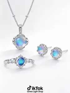 Lucky Aquamarine Jewelry Bundle for Girl Friend or Women Light Luxury Niche High-end clavicular necklace with Radiant 7mm Pendant Adjustable Ring 39+5cm Length Gift Box Included set day