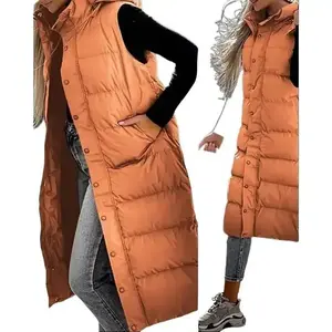 Womens Long Puffer Vest  Quilted Hood, Button Down Winter Coat 2025