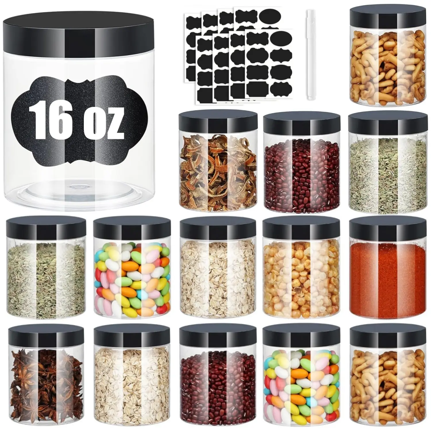 16PCS Plastic Jars with Lids, 16 oz Plastic Containers with Lids Clear Airtight Container Storage Jar Mason Jars for Dry Food Peanut Butter Honey Jam Cosmetics
