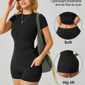 Women's Simple Solid Color Short Sleeve Shorts Sports Suit