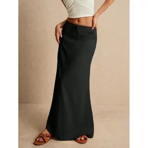 Women Solid Color Minimalist Drawstring Skirt Fabric Linen Maxi Casual Womenswear Bottom