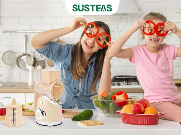 SUSTEAS Rotary Cheese Grater with 6 Replaceable Blades, BPA Free, Easy to Clean & Disassemble, Beige Vegetable Slicer Kitchen Utensils Stainless Steel Food Shredder Tool