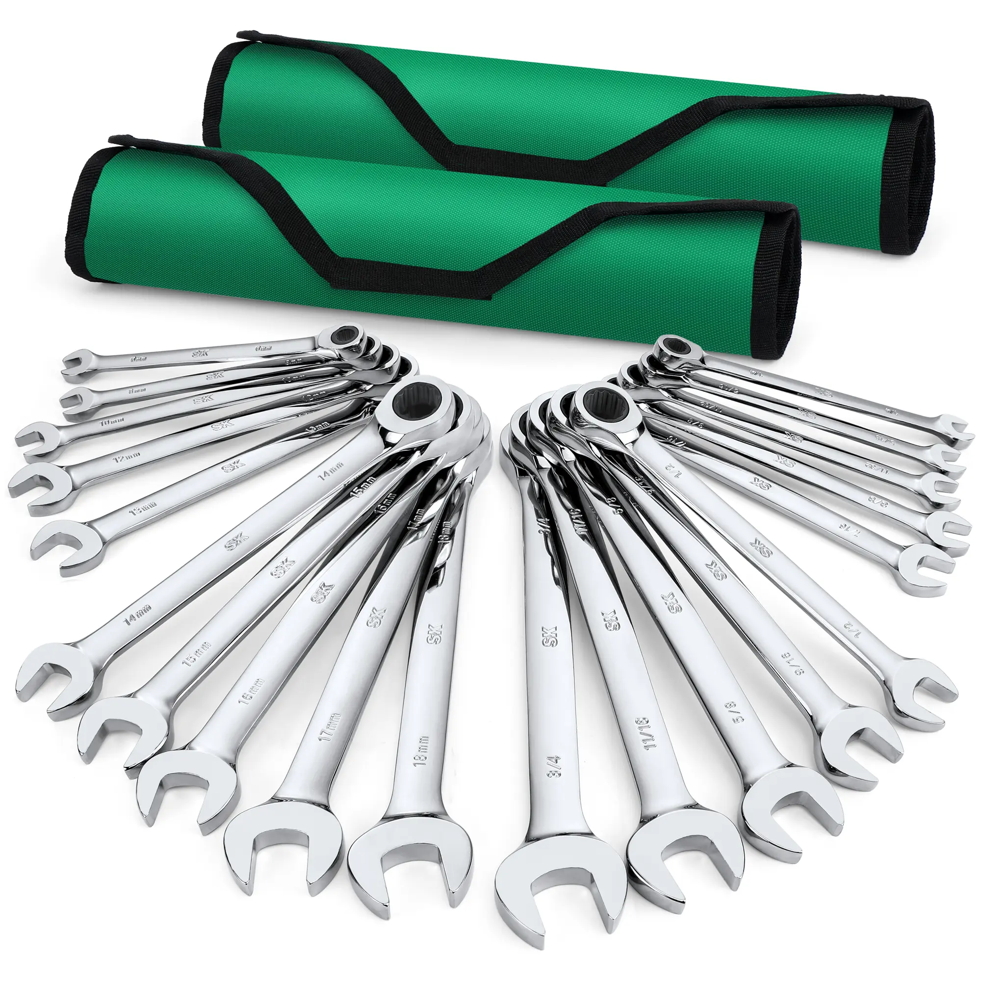 #backtoschool SK Ratcheting Wrench Set, Combination Wrench Set, 20-Pack, SAE 1/4" to 3/4", Metric 6 to 18mm, 72-Tooth, Premium CR-V Construction, with Rolling Pouch
