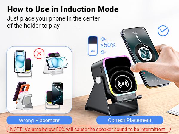 Wireless Induction Audio Speaker Stand, 5in1 Cellphone Holder, 3500mAh Rechargeable Emergency Power Bank,360° Adjustable Mobile Tablet Stand with Colorful Ambient Light Gifts for Men Women
