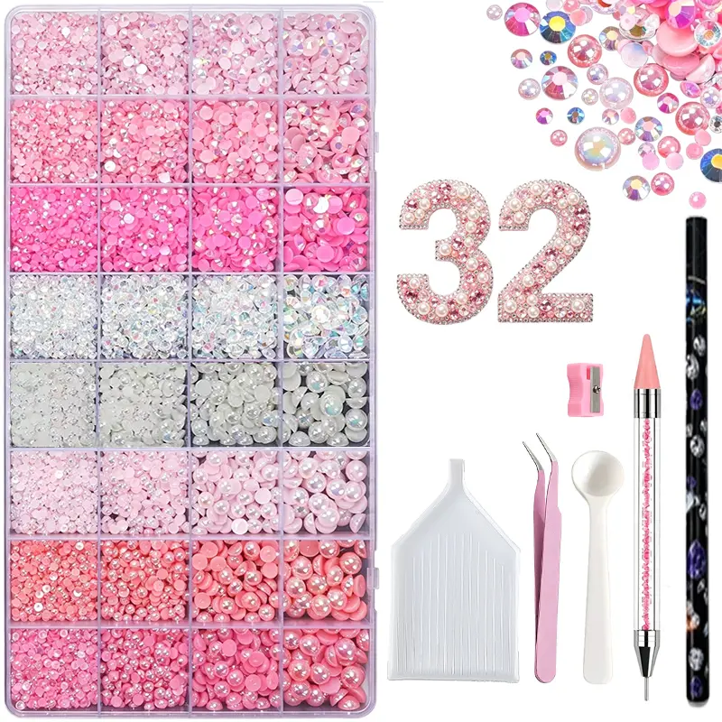 26000Pcs Mixed Flat-back Pearls & Resin Rhinestones Set, Multi-Size Half Round Shiny Gems for Nail Art, DIY Jewelry Making, Party Decorations