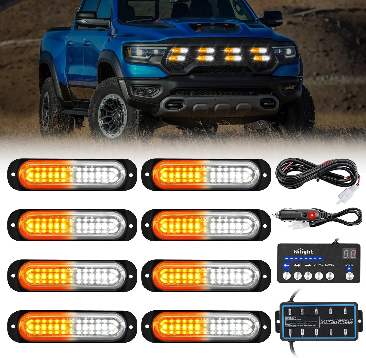 Nilight 8PCS 12-LED Aluminum Surface Mount Automotive Car Light Kit, 12V-24V DC Sync Amber White with Controller, Auxiliary Strobe Lights for Trucks, Vehicle & Motorcycle Accessories (Father's Day Gift), Auxiliary Light