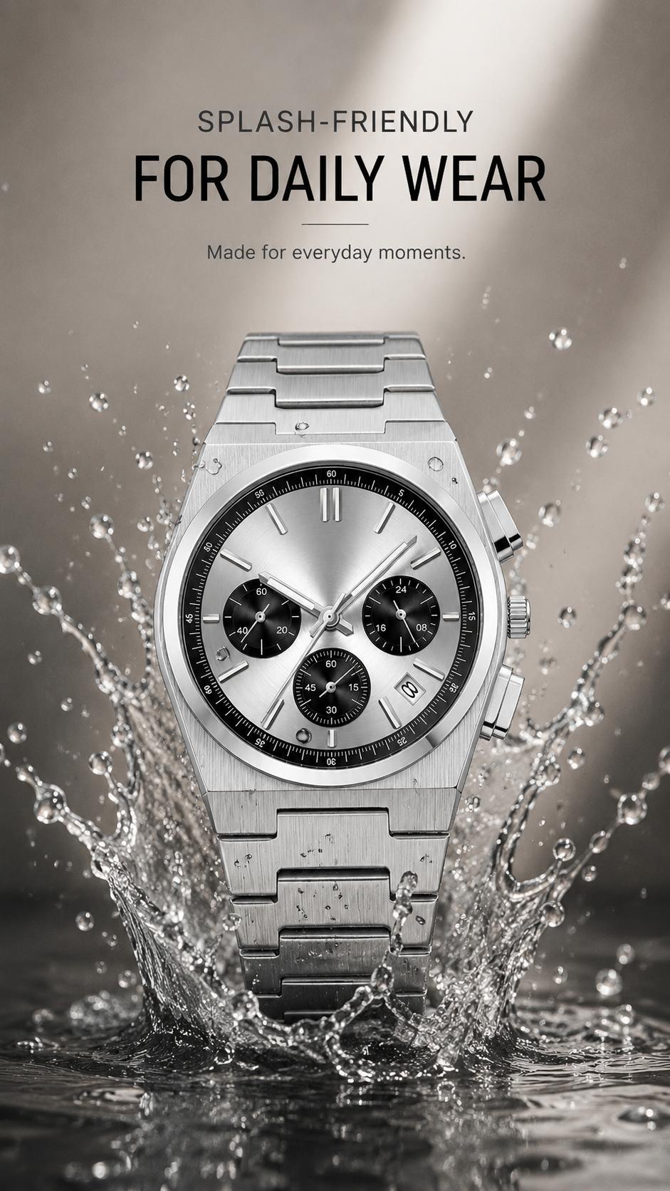 Men's Casual Business Analog Chronograph Watch, Classic Stainless Steel Metal Band, Quartz Movement, Analog Face, Round Shape, Mineral Glass, Calendar Date Display, 30M-50M Water Resistant, Clasp Closure, Daily Wear Fashion Accessory