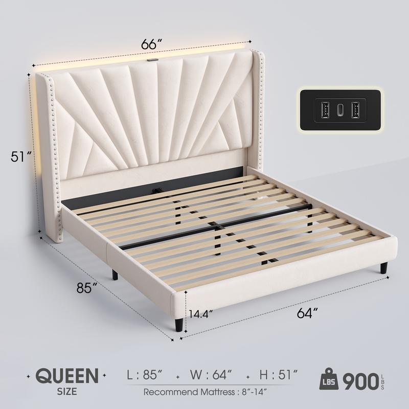 Raybee Full/ Queen/King Size Bed Frame with 51" Velvet Upholstered Headboard, up to 900 LBS ,Platform Bedframe with Charging Station and LED Lights, Wingback Headboard, No Box Spring Needed, Noise-Free[Black Friday]