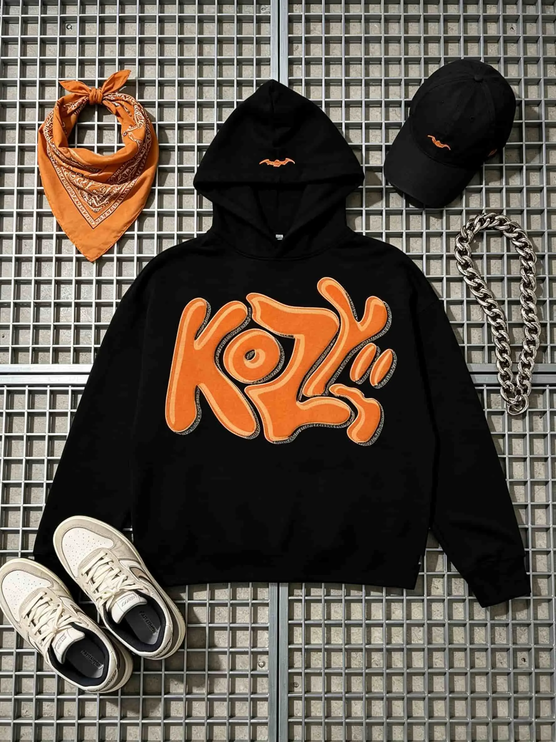 Y2K KOZY Graffiti Hoodie, Men Women Oversized Streetwear Sweatshirt, Gothic Bubble Letter Print Pullover with Bat Detail, Casual Harajuku Style Womenswear Tops