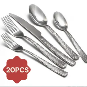 20pcs Cutlery Set Silvery Hammer Pattern Design Western Cutlery Knife, Fork, Spoon Suitable for Home Use, Weddings, Restaurants and Hotels - Dishwasher Safety - Recommended Halloween And Christmas