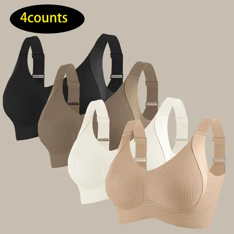 Women's 4-Count Solid Wireless Ribbed Seamless Push-Up Bras - Comfortable Underwear for Women, Direct Fit, All Seasons Support, Soft Thin Cooling Breathable Lightweight Elastic Minimizing Wings, Ideal Wedding Gift