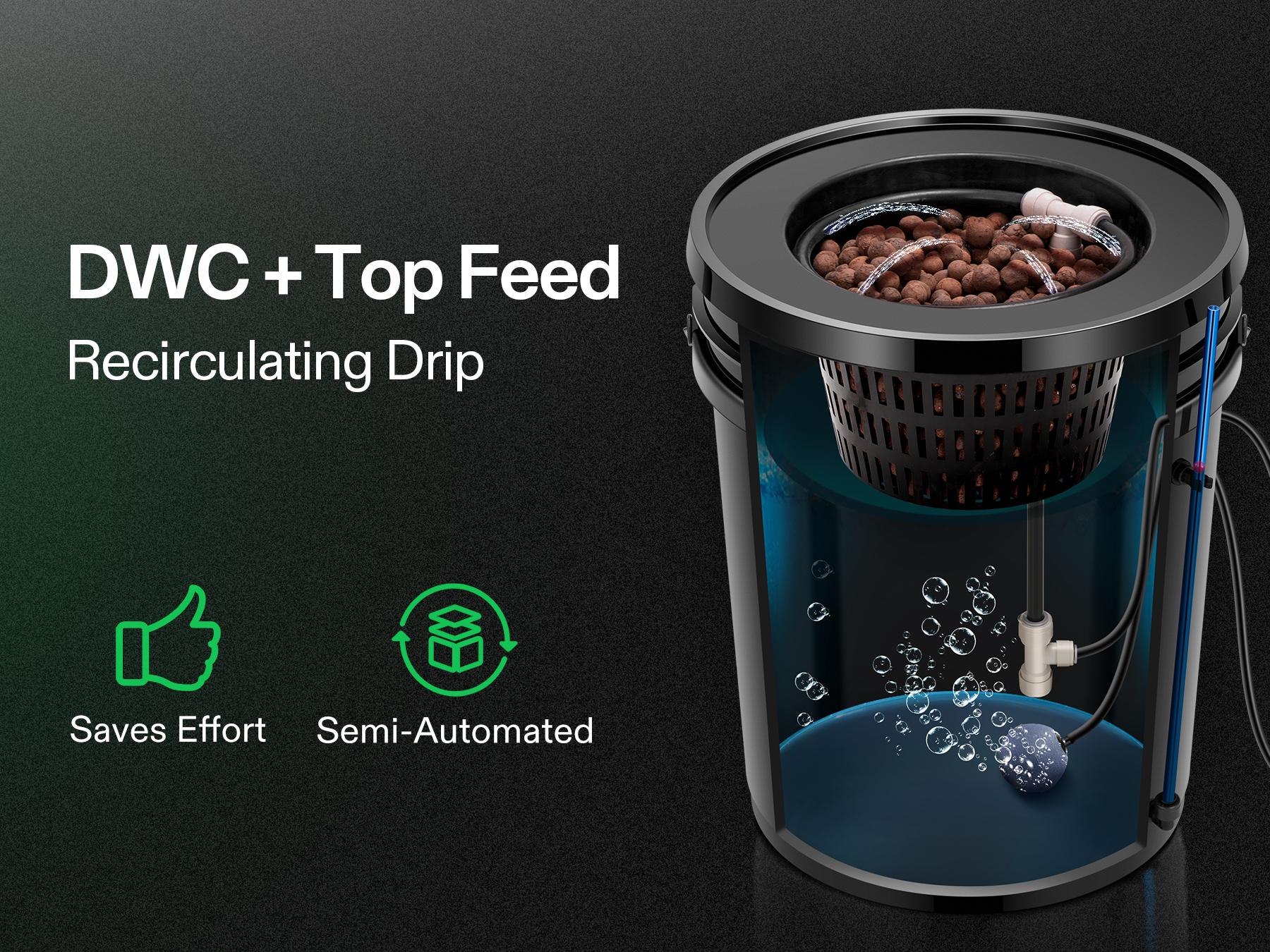 VIVOSUN DWC Hydroponics Grow System with Top Drip Kit, 5-Gallon Deep Water Culture, Recirculating Drip Garden System with Multi-Purpose Air Hose, Air Pump, and Air Stone (2 Buckets + Top Drip Kit)