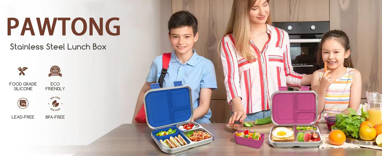 PAWTONG Stainless Steel Kids Leak-Resistant Bento Lunch Box, 3-Compartments with Silicone Container, Dishwasher-Safe, Child-Friendly Design for School, Picnics & Travel,BPA-Free