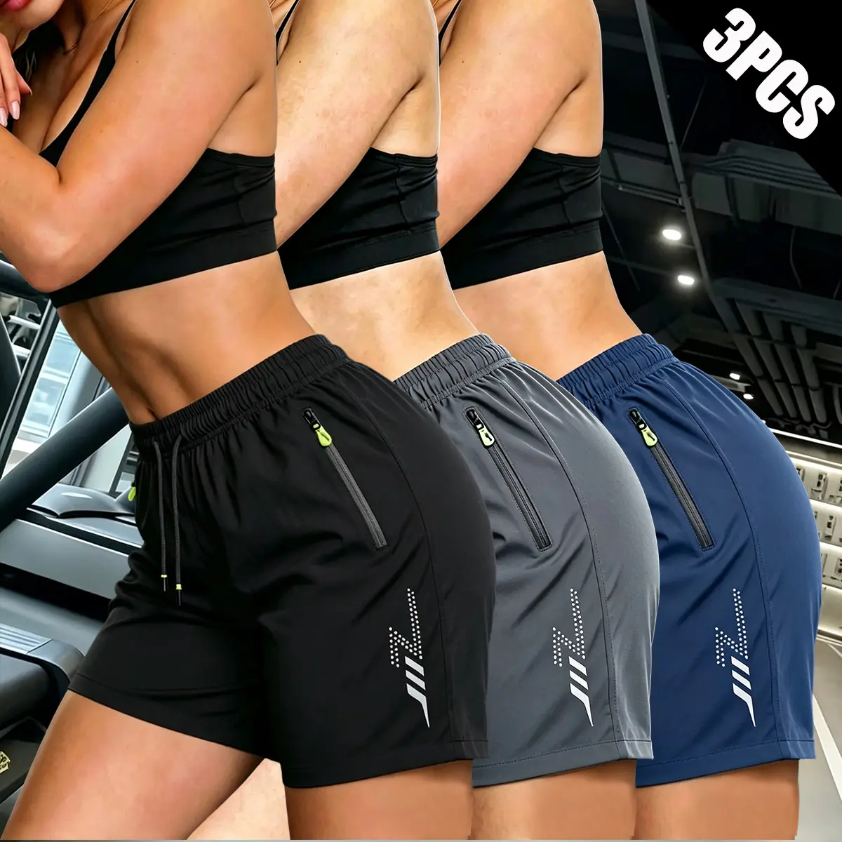 Women's 3-Pack Solid Athletic Shorts, Quick Dry Polyester with Zip Pockets, 3-in Inseam Loose Fit for Yoga and Running, Solid Plain