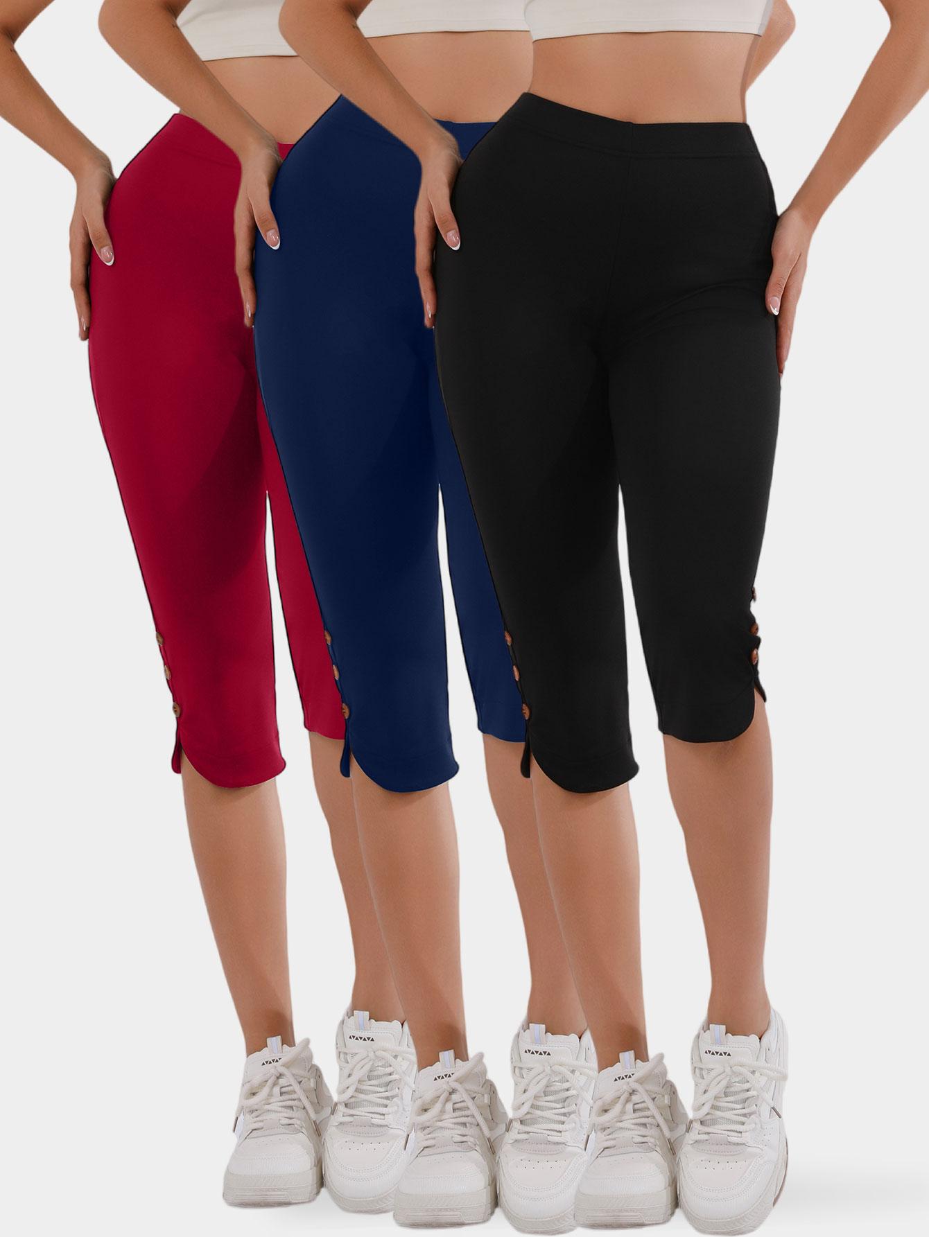 Women's High-Waisted Slimming Yoga Pants 3-Pack Butt-Lifting 4-Way Stretch Silky Soft 7/8 Length Button Detail for Workouts & Casual Wear - Clothes, Womenswear