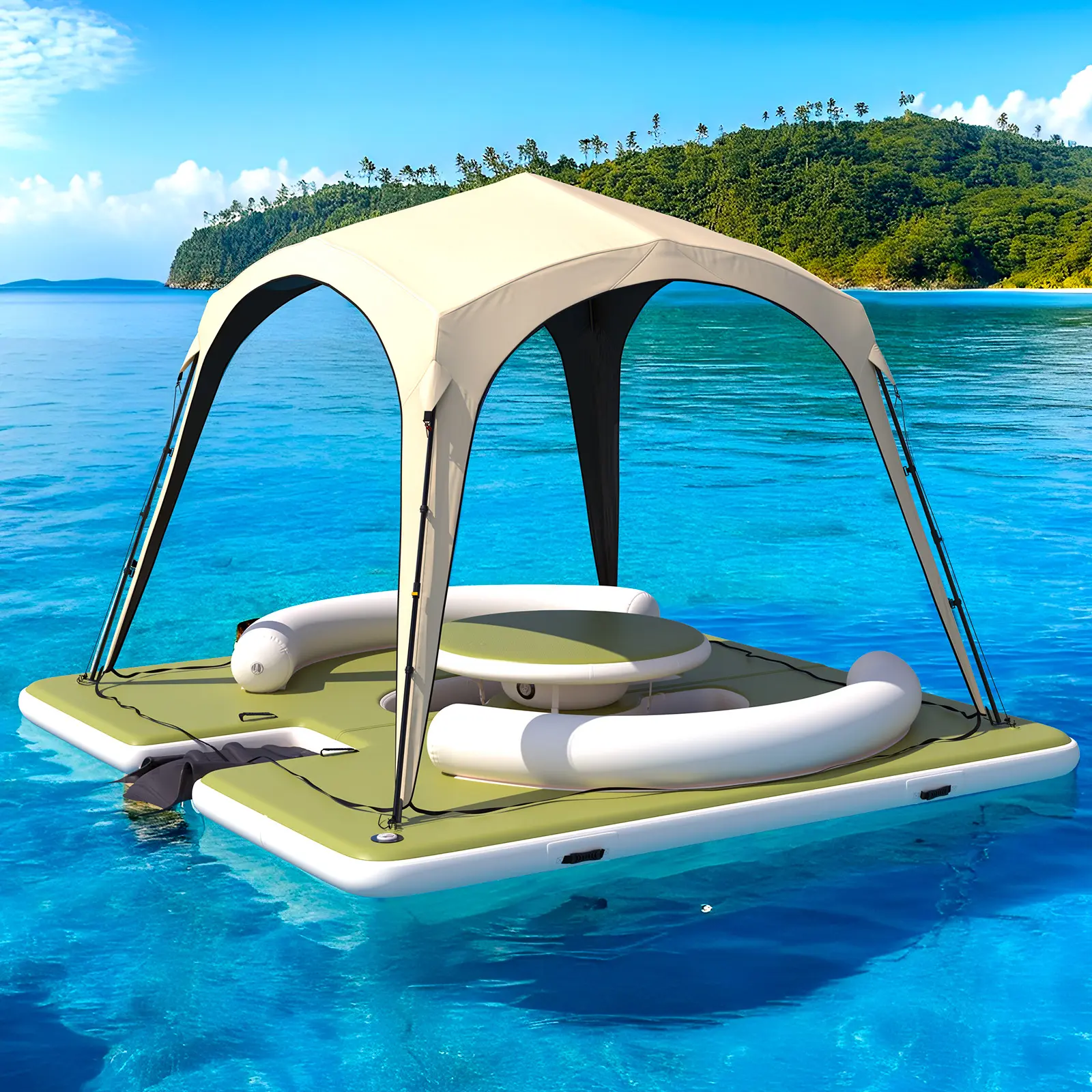 Bezliving Premium Floating Dock Lounge with Canopy, 11.15ft x 11.15ft Inflatable Water Platform with Ladder, Double Seats, Table & Sunshade, Heavy-Duty PVC for Pool, Lake, Beach