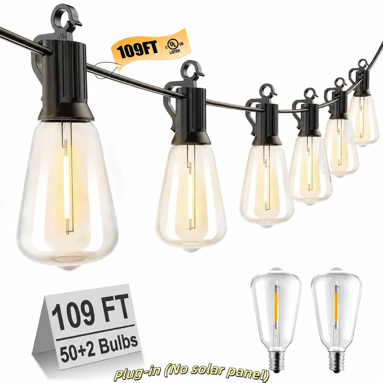 Brightown 109FT LED Outdoor String Lights, 50 Shatterproof ST38 Edison Bulbs, Dimmable Waterproof Party Lights for Backyard Glow Up, Mood/Decorative/Ambient Use, Deck Garden Xmas Decor