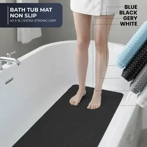 Black Shower Mat Non Slip 40 x 16 Inches Bathtub Mat with 200 Suction Cups & 176 Drain Holes for Elderly & Kids Clear Blue PVC Import