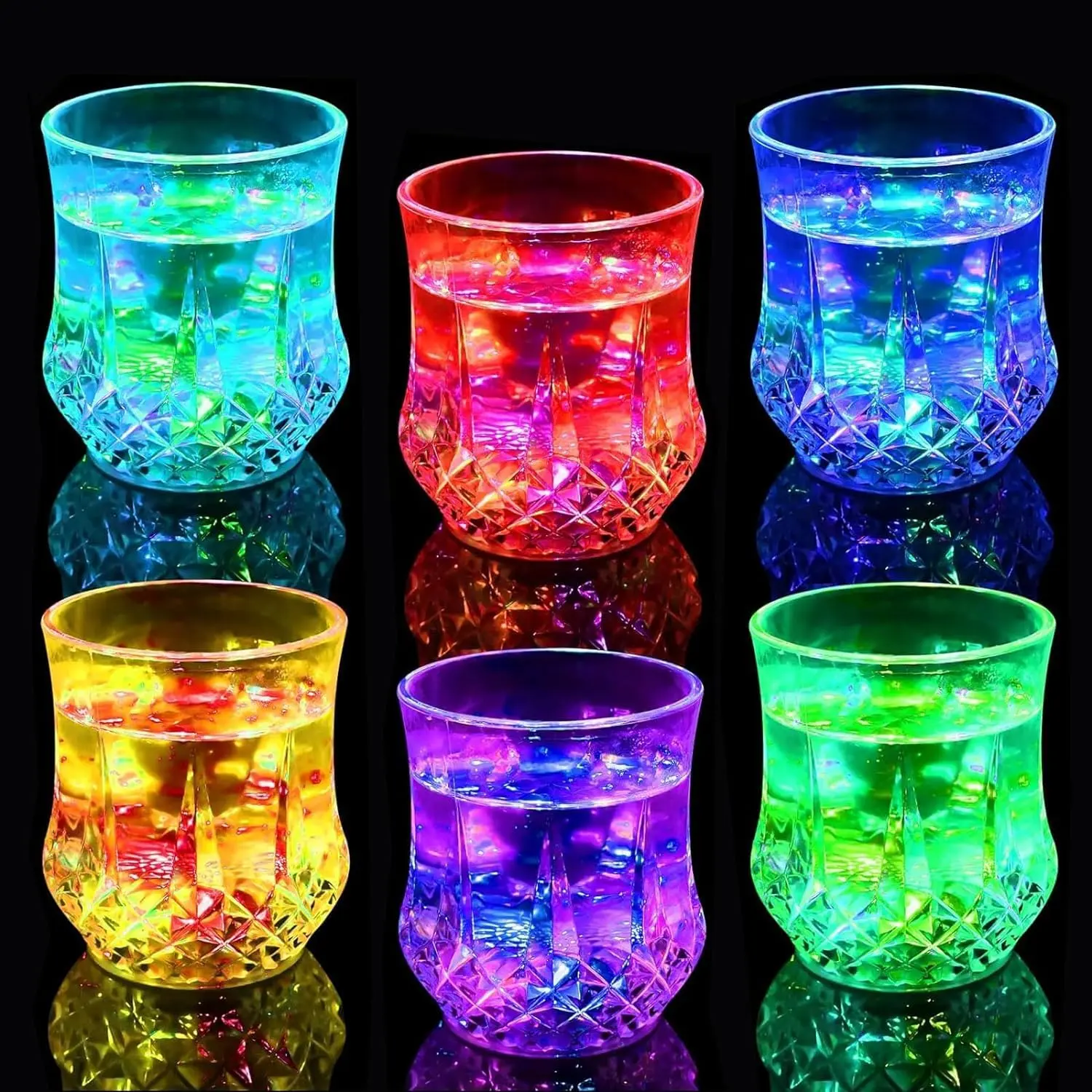 Transparent Neon Glow Multicolor LED Light-Up Shot Glasses - Diamond-Carve, Water-Activated Flashing Plastic Drinkware with Replaceable Battery Compartment, for Nightclubs, Birthday Party Decor, Led Neon Lights, Reusable