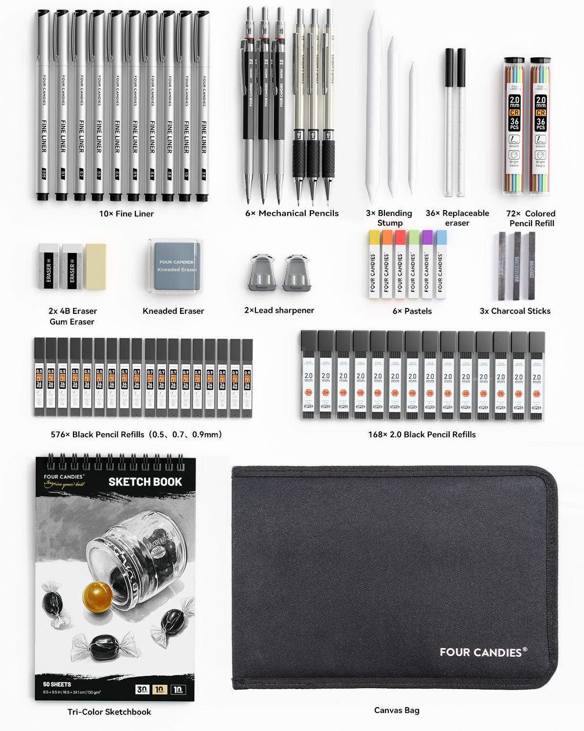 Four Candies 73/52PCS Advanced Art Supplies Drawing Kit with Fineliner Pens, Mechanical Pencils, 3-Color Sketchbook, Charcoal Sticks,Pastels for Sketching Drawing Comics Gifts for Professionals Artists
