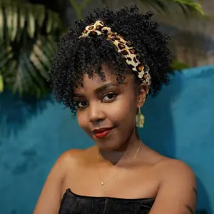 Kinky Curly Headband Wig Afro Headband Wigs Black Afro Puff Wig With Bangs Wrap Wrap strap 2 in 1 for Women Synthetic Half Wigs High Puff Hair