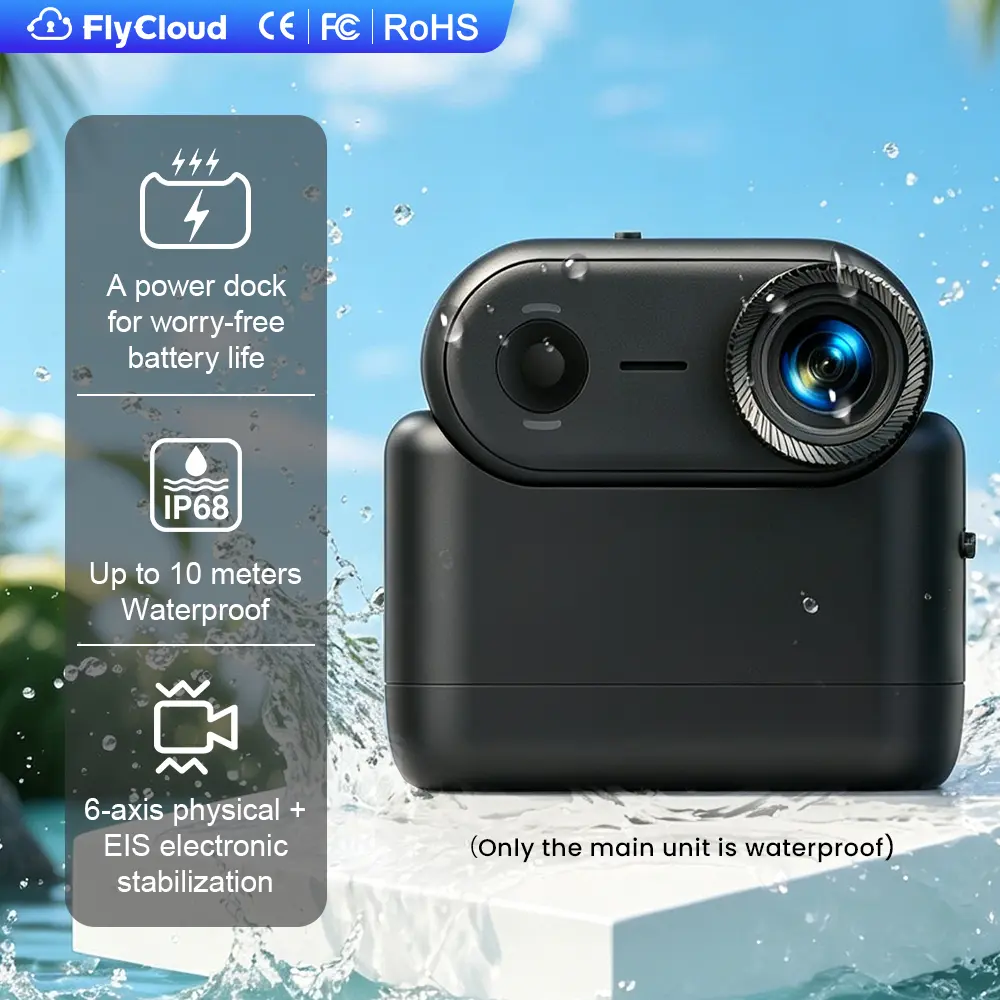 Flycloud 9 4K Vlogging Video Camera - Waterproof Camera Underwater (IP68 10m), 64GB Built-in Storage, 6-Axis EIS Anti-Shake, WiFi, Battery, USB-Compatible Portable Sports Mini Thumb Body Cam for Outdoor Sports, Hiking