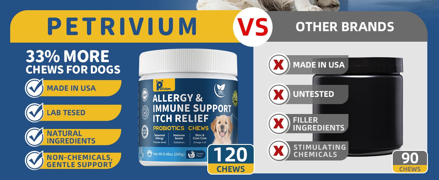 【Upgraded Formula】Allergy&Immune support chews for Dogs,JUMBO SIZE-120ct Chicken Flavor,Topper with Probiotic,Itching Skin and Ears Relief,with Colostrum Fish Oil to Boost Immune&promote Gut Health,Excessive Paw Licking,Natural Allergy Relief-Supplements