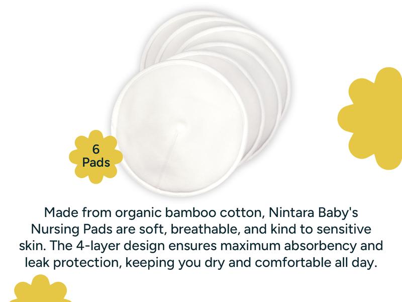 NintaraBaby Reusable Nursing Pads – 4-Layer Organic Bamboo Cotton, Ultra-Soft, Absorbent & Leak-Proof, Contoured Comfort Fit, with Laundry Bag