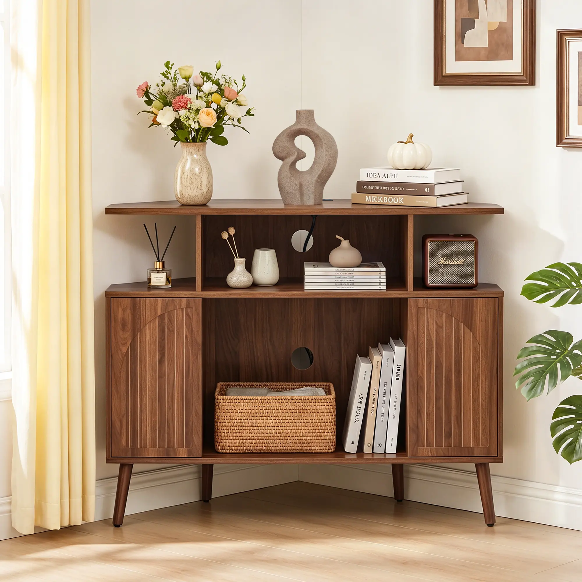 FurSch Mid Century Modern Corner Cabinet with Charging Station, Corner TV Stand with Storage, Record Player Stand with Vinyl Storage, Fluted Media Console for Living Room Bedroom