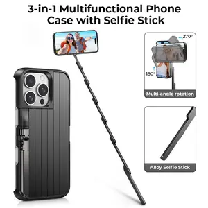 TIDEOK Selfie Stick Phone Case with Bluetooth Compatible with iPhone 16/15/14/13 | Shockproof ABS+Alloy Construction | Portable Handheld Grip for Travel & Events