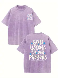 Men'S Vintage-Style T-Shirt Featuring The Phrase 'God Listens to Our Prayers'. It Has an Oversized Fit with Dropped Shoulders, Acid-Washed End, Short Sleeves, And a Crew Neck. Ideal for Casual Wear, Plus Size