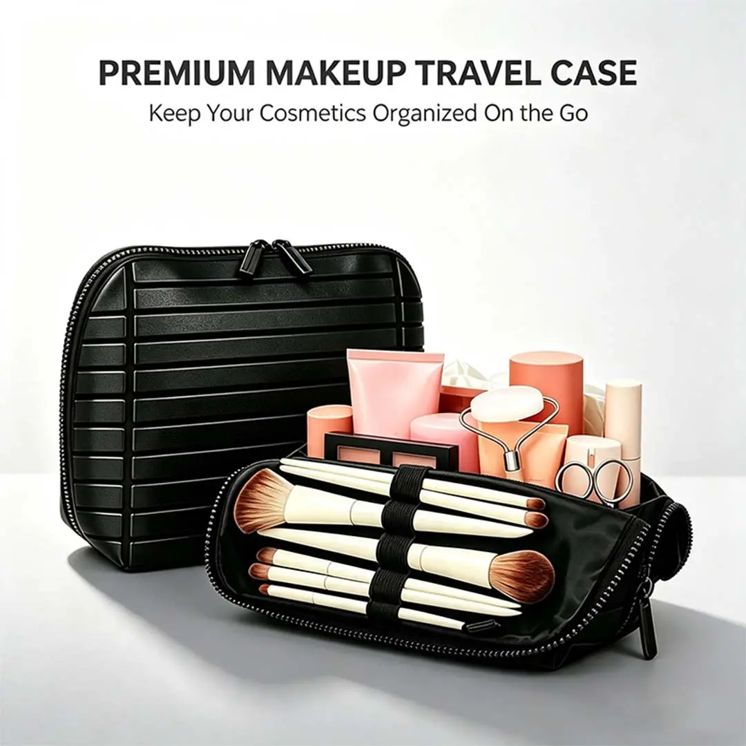 Women's Plaid Foldable Waterproof Large-Capacity Compartmentalized Makeup Bag - Open-Top Stylish Travel Organizer, Handheld Cosmetic Pouch, Skincare Holder, Portable Striped Leather Pouch Storage Bag, Pouch Storage Bags sohochic