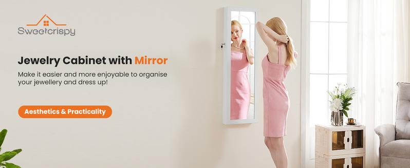 Full-Length Mirror Jewelry Cabinet, Wall or Door Mount, Organizer Armoire with Built-in Makeup Mirror, Lockable Storage
