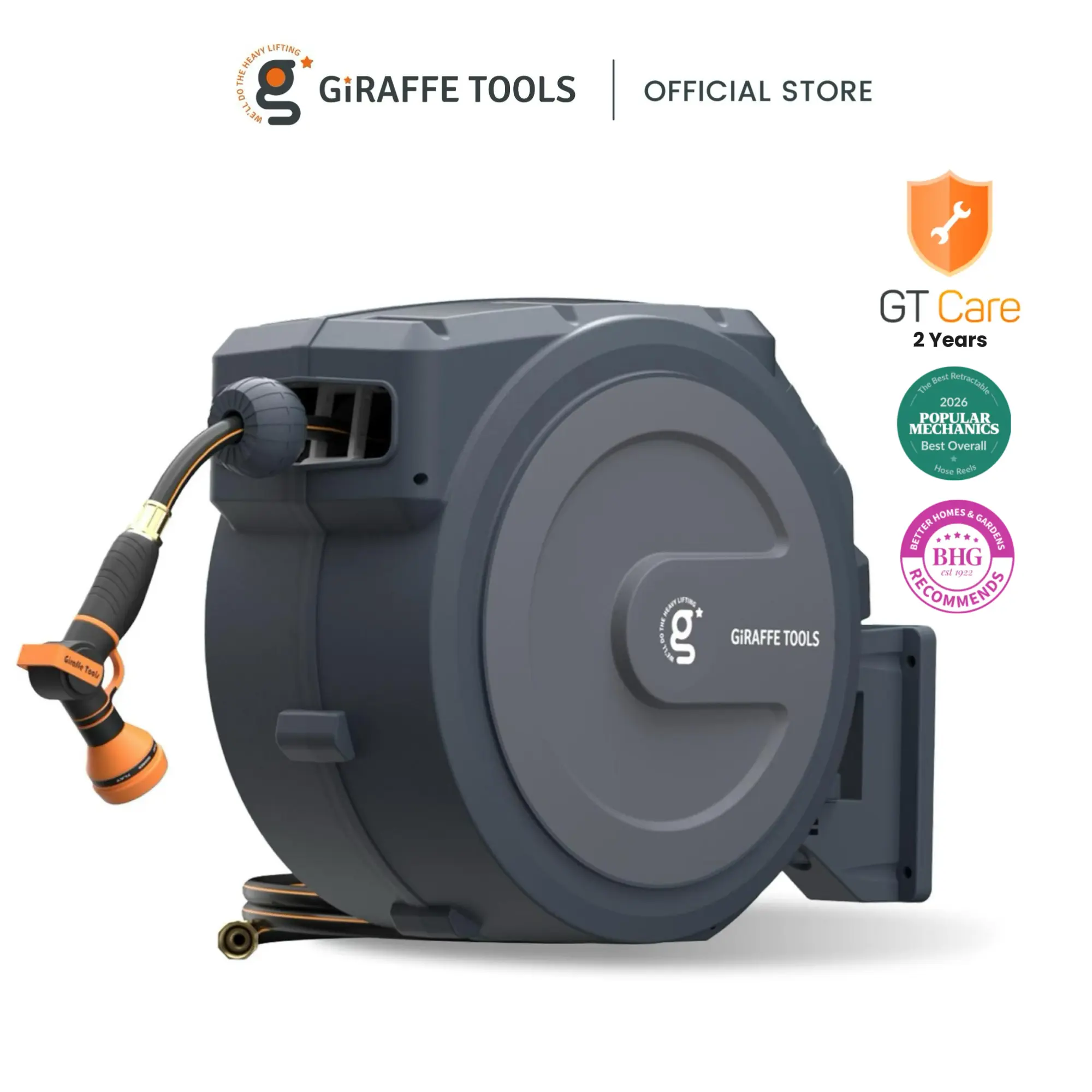 [BackToSchool] Giraffe Tools 90ft-130ft 330LB Metal Bracket Retractable Garden 5/8in 1/2in Hose Reels for Outside,Bob Vila Best Overall Wall Mounted Water Hose Reel with 180° Swivel, Any Length Lock, 9 Pattern Hose Nozzle, 2 years warranty, SummerWins