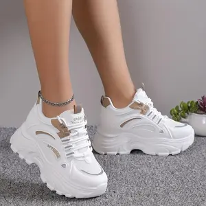Versatile Comfy Mid-Top Solid Color Mesh Sneakers - Lace Up, Round Toe, Heightening Thick Rubber Sole, Breathable Fabric Upper, All-Season Casual Shoes for Women