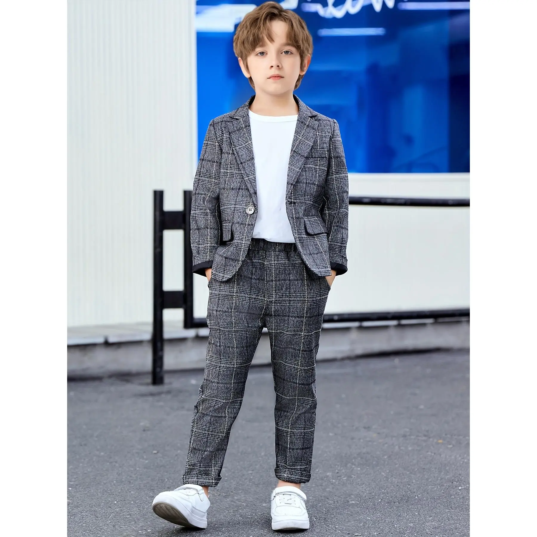 Boys' 2-Piece Formal Suit Set, English-Style Solid Color Outfit with Long Sleeve Blazer and Straight Pants for Weddings & Performances, 3-4Y, 4-5Y, 5-6Y, Nuptial Events, Two-Piece Suit