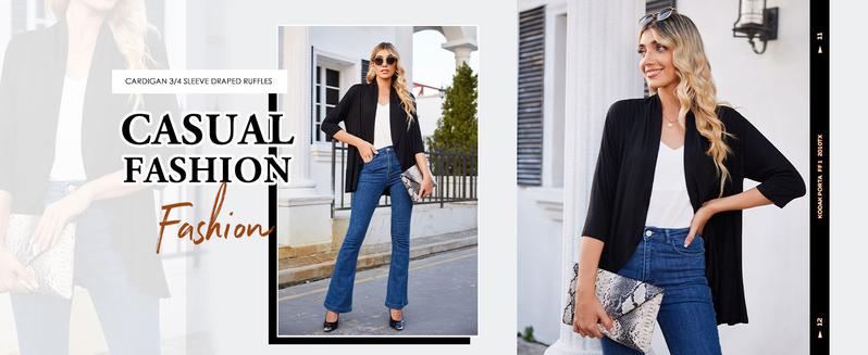 ZEAGOO Women's Open Front Cardigan 3/4 Sleeve Draped Ruffles Soft Knit Sweaters S-3XL