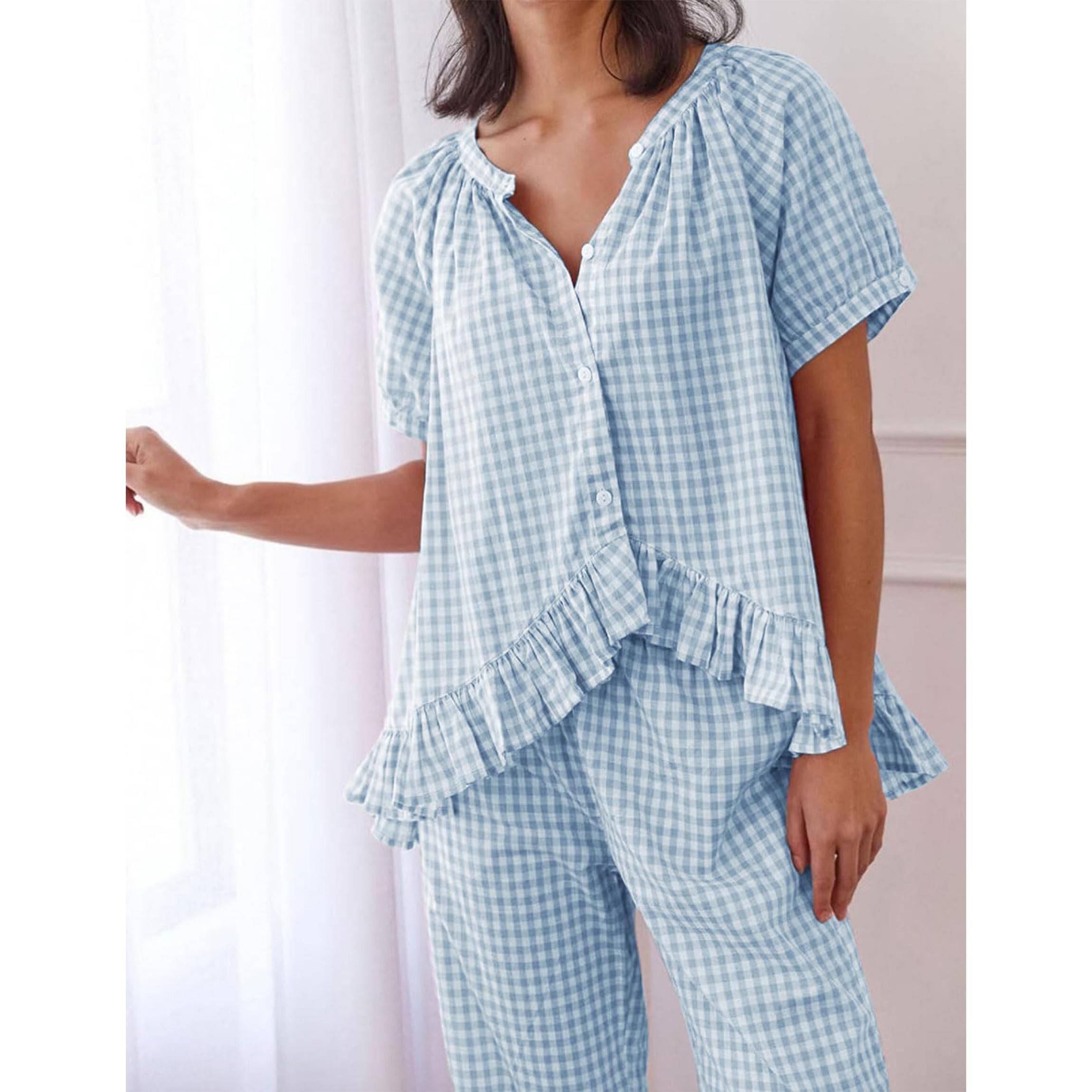 Buenoble Womens Plaid 2 Piece Pajamas Sets Gingham Button Down Puff Sleeve Babydoll Shirt Ruffle Pants Y2K Pjs Lounge Set SpringStatements