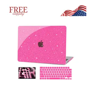 Compatible with MacBook Air 13 inch, Glitter Platsic Hard Shell Case + Keyboard Cover + 50 pcs Laptop Sticker, Hot Pink