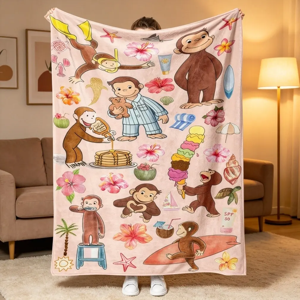 Curious George Printed Scenes Fleece Blanket - Tropical & Pajama Collage, Beach Surf Adventure Design, Plush Kids Throw for Children Rooms, Cozy Nook Kid Snuggles