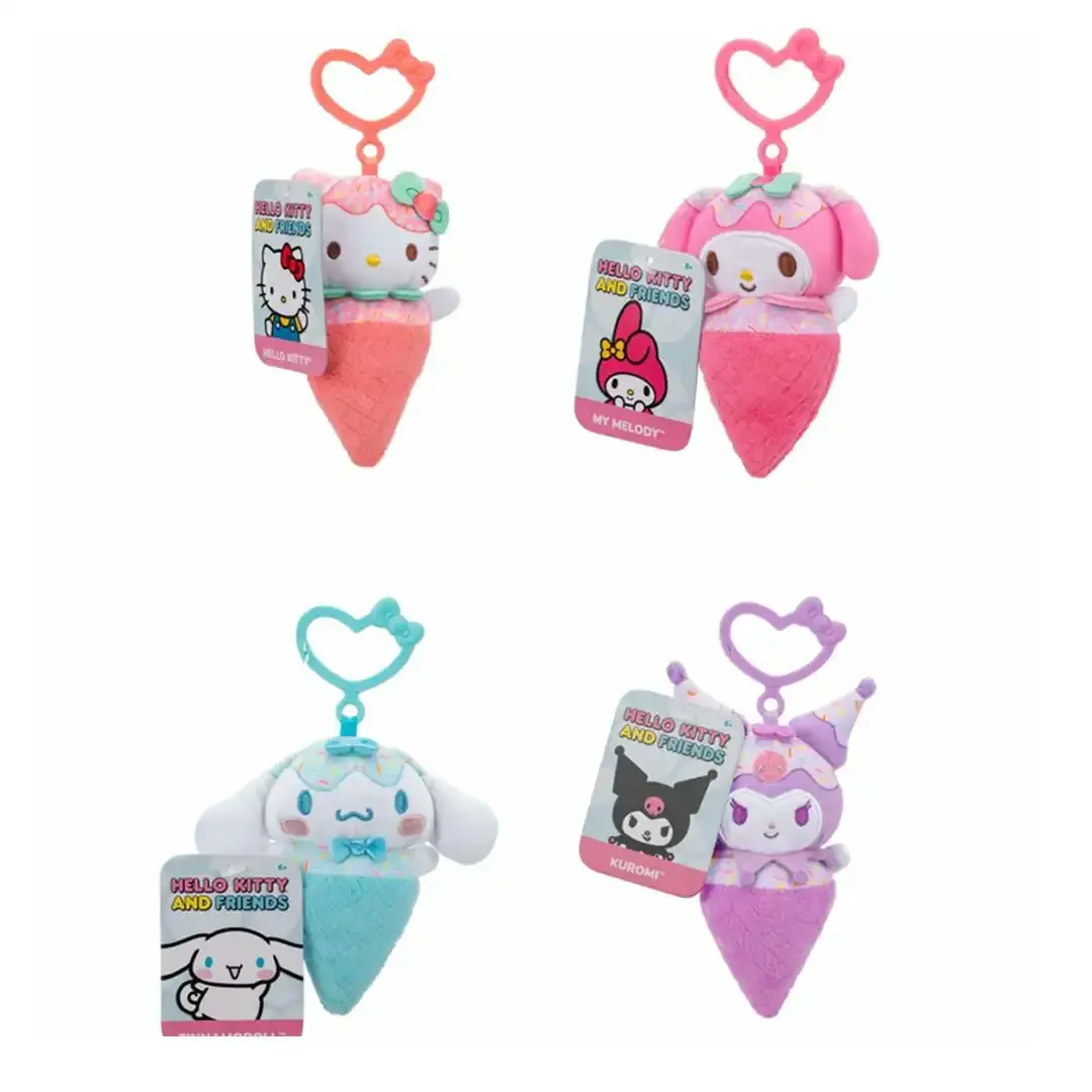 Jazwares Hello Kitty and Friends 4" Clip-On Mystery Plush Fuzzy Stuffed Toys, Cute Soft Keychains, Girly Cartoon Character Accessory for Everyday Use