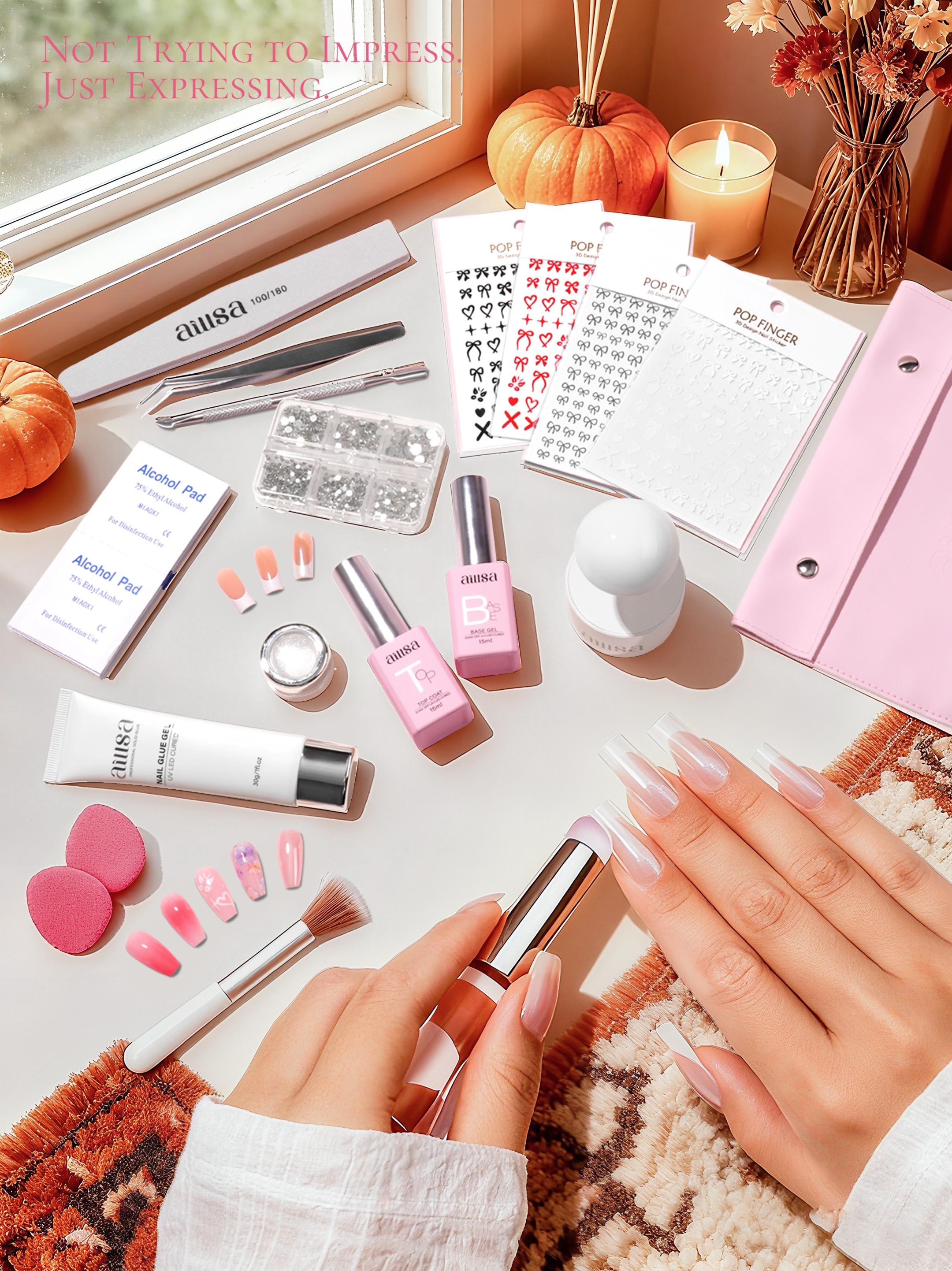 AILLSA Cozy French Press-On Kit with Chrome Powder, 5 Base Colors, 30g Hold Strong Solid Gel Glue, Square Natural-Fit gelx Tips, Gentle DIY Press-On Fake Nails Set for Fall Tiktokshopblackfriday