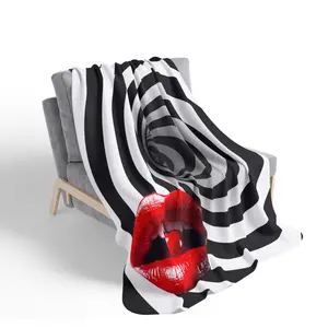 Black & White Swirl with Red Cherry Lips Fleece Sherpa Blanket