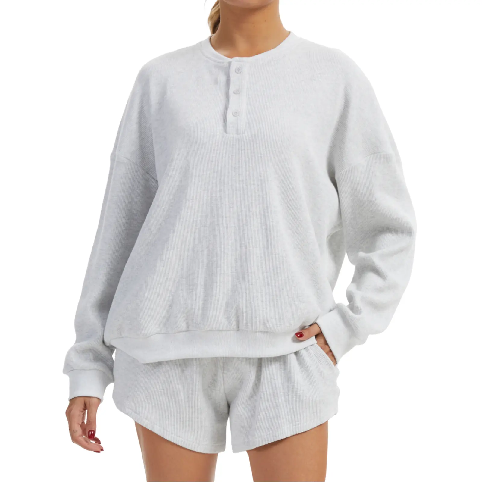 AnotherChill Women's Oversized Waffle Knit Lounge Set - Long Sleeve Henley Sweatshirt and High Waisted Shorts 2 Piece Casual Outfit Baggy Button #sohochic