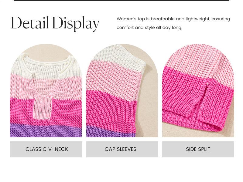 Shewin 2026 Spring/Summer Women's Striped Colorblock Knit Top - Breathable Hollowout V-Neck Short Sleeve Loose Casual Shirt for Daily Wear SpringStatements