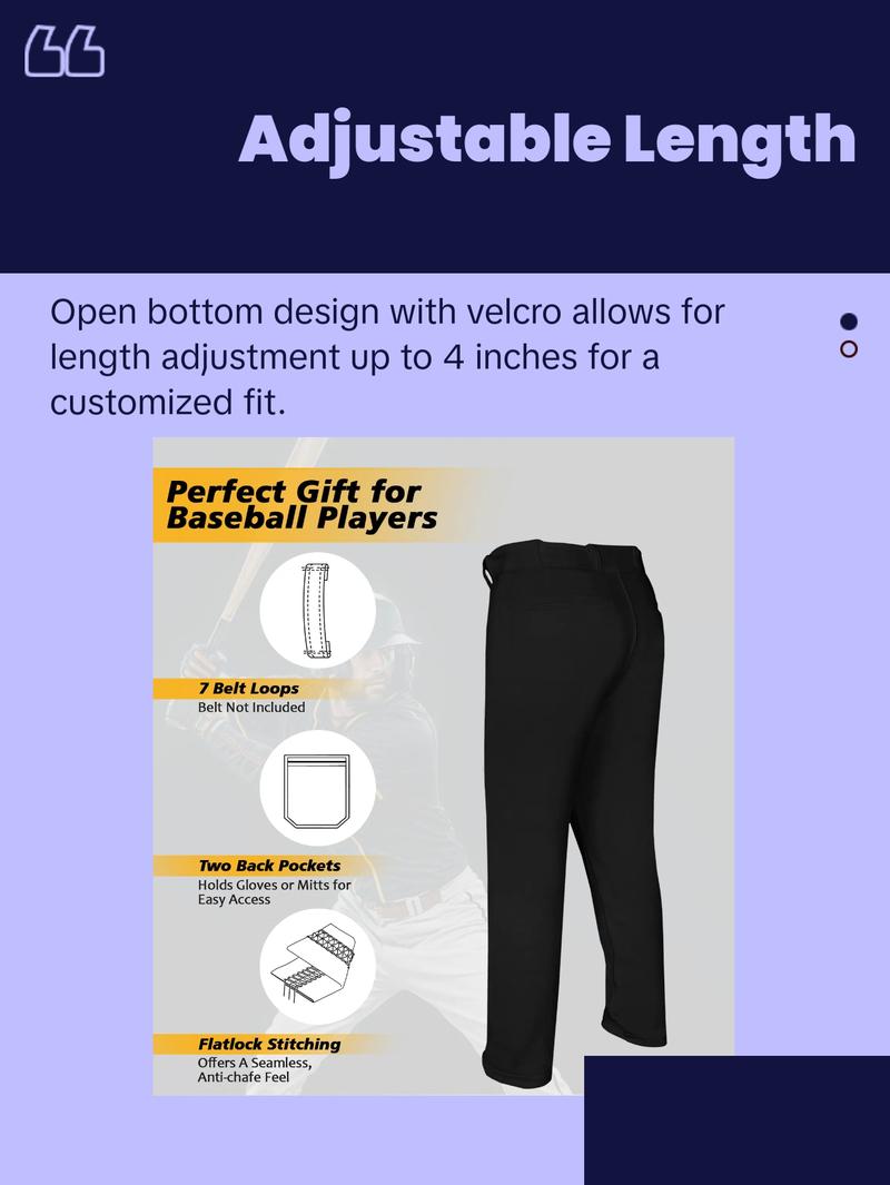 Penveer Full Length Men's Baseball Pants, Open Bottom, Loose Fit Adult Baseball Pants with Adjustable Length (Black) Athletic Tracksuit Soft Jogger Trousers