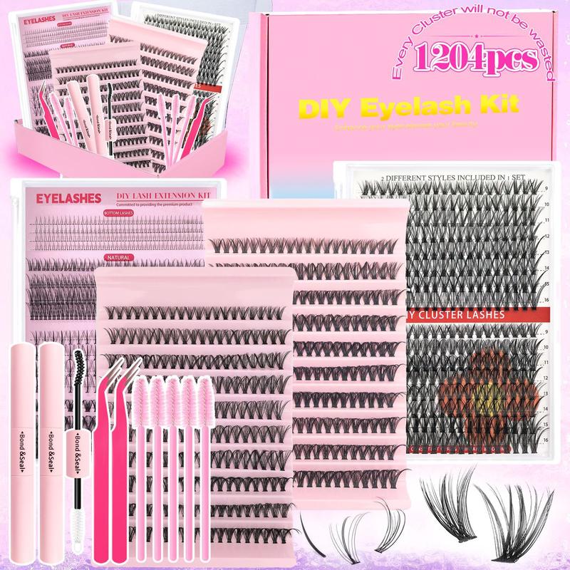 Cluster Lash Extension Gift Set, 30D 40D 60D 80D 100D Natural Styles Cat Eyes Extra Volume, Soft & Lightweight, with Bond & Seal, Remover, Tweezers, Brush, Easy DIY Eyelashes at Home, Salon Look at Home, Long-Lasting Glamorous Effection Valentine's Day