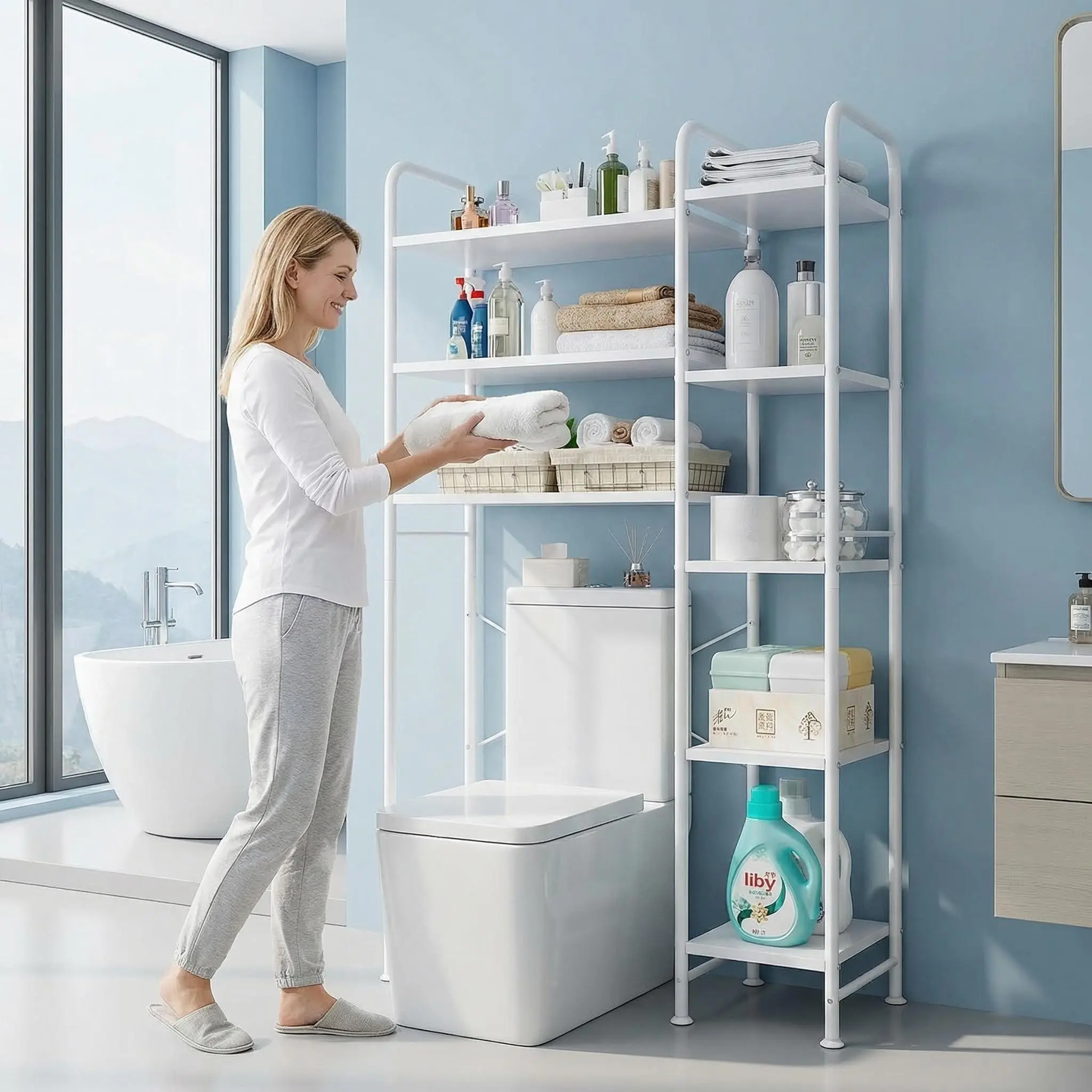 SUOERNUO Freestanding Over-The-Toilet Metal Frame Storage Shelf - Waterproof Bathroom Organizer with Multifunctional Rack, Scratch-Safe, Wood Accent, Space-Saver for Bathroom Accessories, Laundry, Kitchen Rack Use