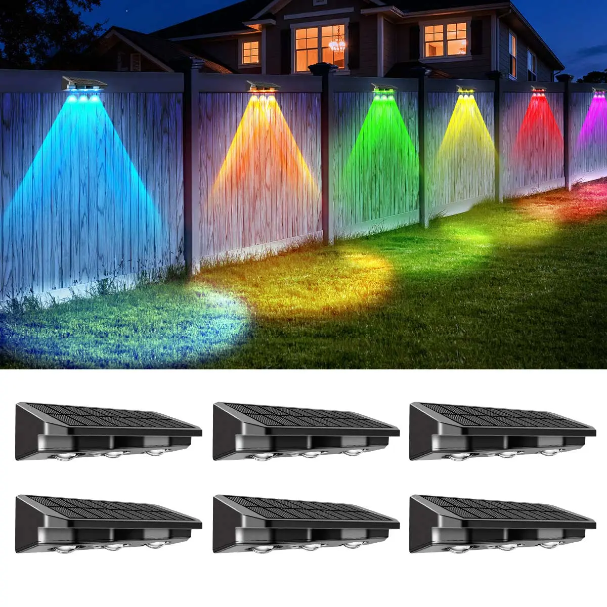 Nupostai Bright LED Solar Lights Outdoor, IP65 Waterproof 3-Heads Concave Lens Lamp with 8 Fixed Colors, RGB Color Changing & Warm White, Mounting Hardware Included, High-Powered Solar Decking & Patio Lighting for Fence Wall Step Garden, Home Decor, Outdo